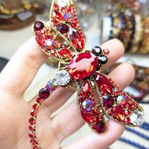 Elegant Red and Gold Dragonfly Brooch